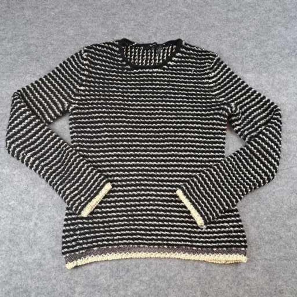 Theory Sweater Womens Small Black Cream Striped Pullover Knit Yak Wool Blend